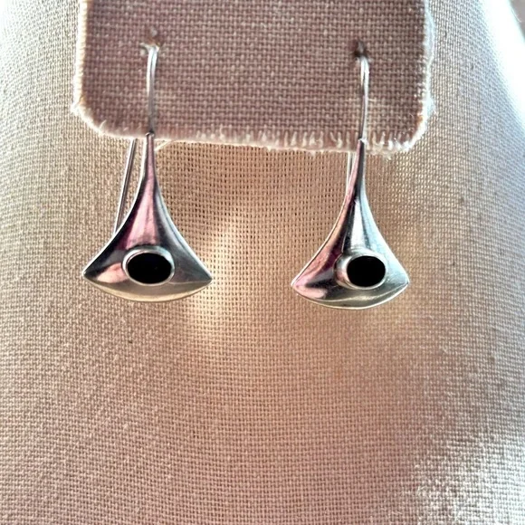 925 Vintage Sterling Silver Black Onyx  Earrings - Picture 3 of 9